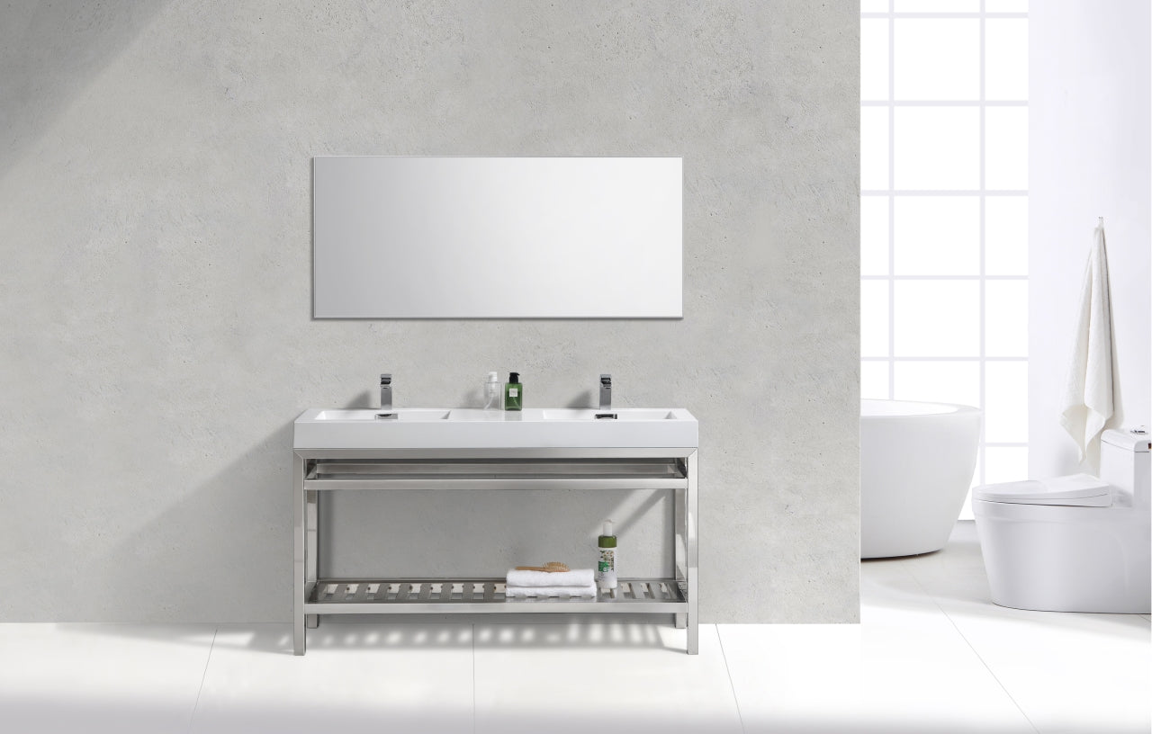 Kube Cisco 60" Stainless Steel Console w/ White Acrylic Double Sink Chrome