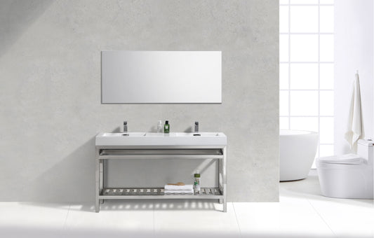 Kube Cisco 60" Stainless Steel Console w/ White Acrylic Double Sink Chrome