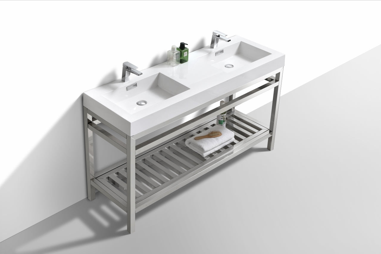 Kube Cisco 60" Stainless Steel Console w/ White Acrylic Double Sink Chrome