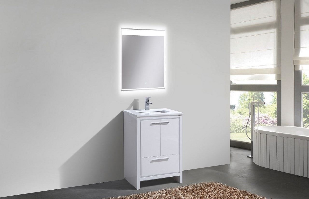 24'' KubeBath Dolce High Gloss White Modern Bathroom Vanity with White Quartz Counter-Top