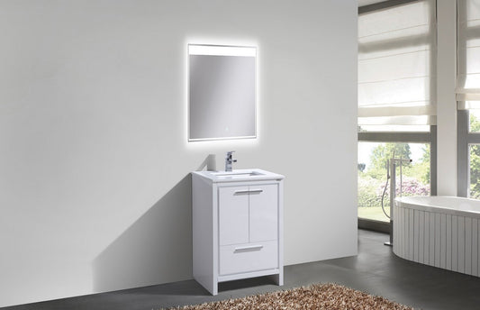 24'' KubeBath Dolce High Gloss White Modern Bathroom Vanity with White Quartz Counter-Top