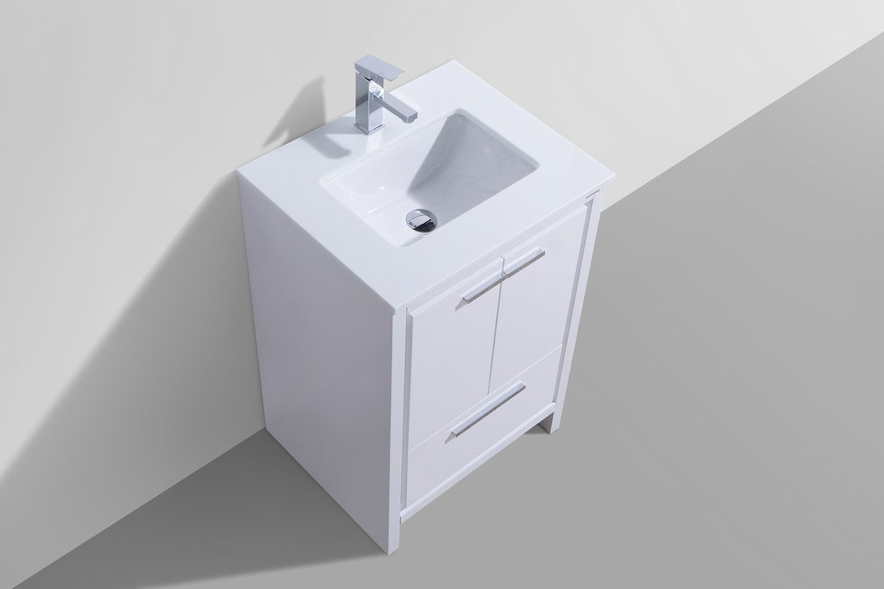 24'' KubeBath Dolce High Gloss White Modern Bathroom Vanity with White Quartz Counter-Top