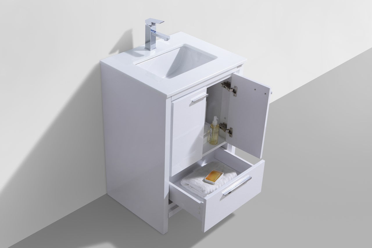 24'' KubeBath Dolce High Gloss White Modern Bathroom Vanity with White Quartz Counter-Top