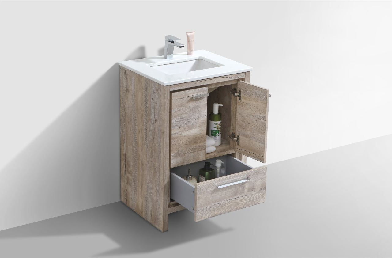 24'' KubeBath Dolce Nature Wood Modern Bathroom Vanity with White Quartz Counter-Top
