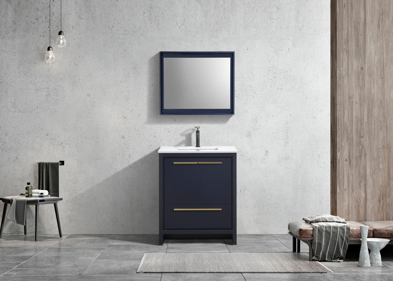 30'' KubeBath Dolce Navy Blue Modern Bathroom Vanity with White Quartz Counter-Top