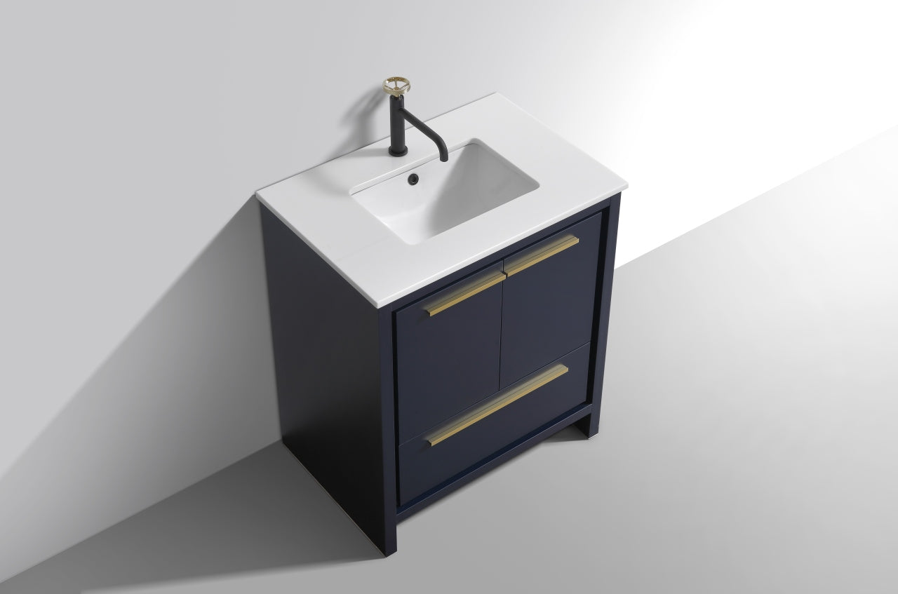 30'' KubeBath Dolce Navy Blue Modern Bathroom Vanity with White Quartz Counter-Top