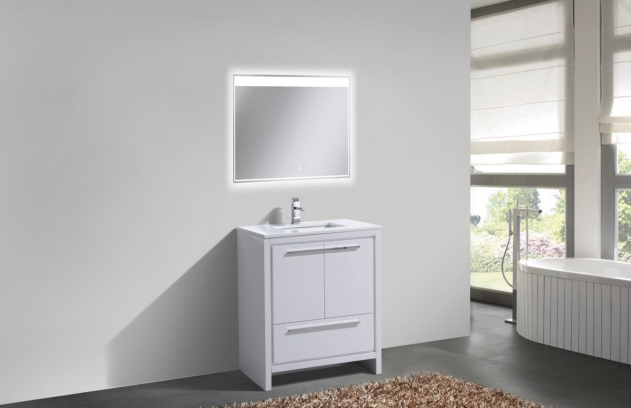 30'' KubeBath Dolce High Gloss White Modern Bathroom Vanity with White Quartz Counter-Top