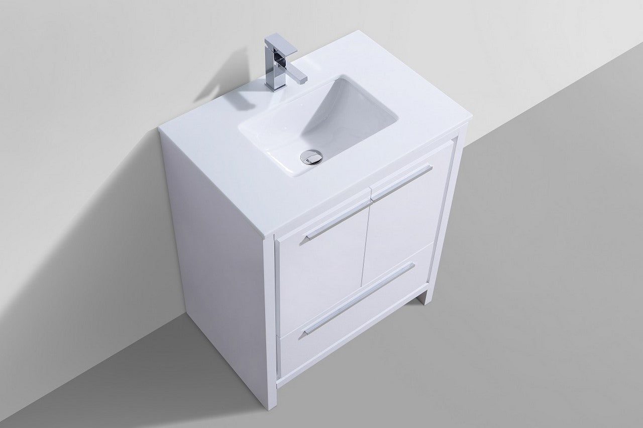 30'' KubeBath Dolce High Gloss White Modern Bathroom Vanity with White Quartz Counter-Top