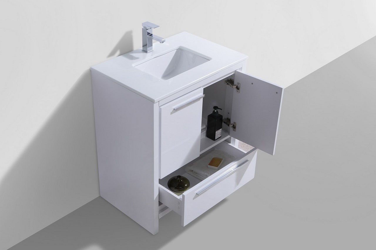 30'' KubeBath Dolce High Gloss White Modern Bathroom Vanity with White Quartz Counter-Top