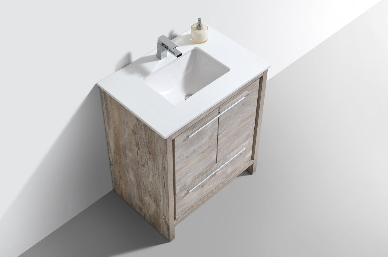 30'' KubeBath Dolce Nature Wood Modern Bathroom Vanity with White Quartz Counter-Top