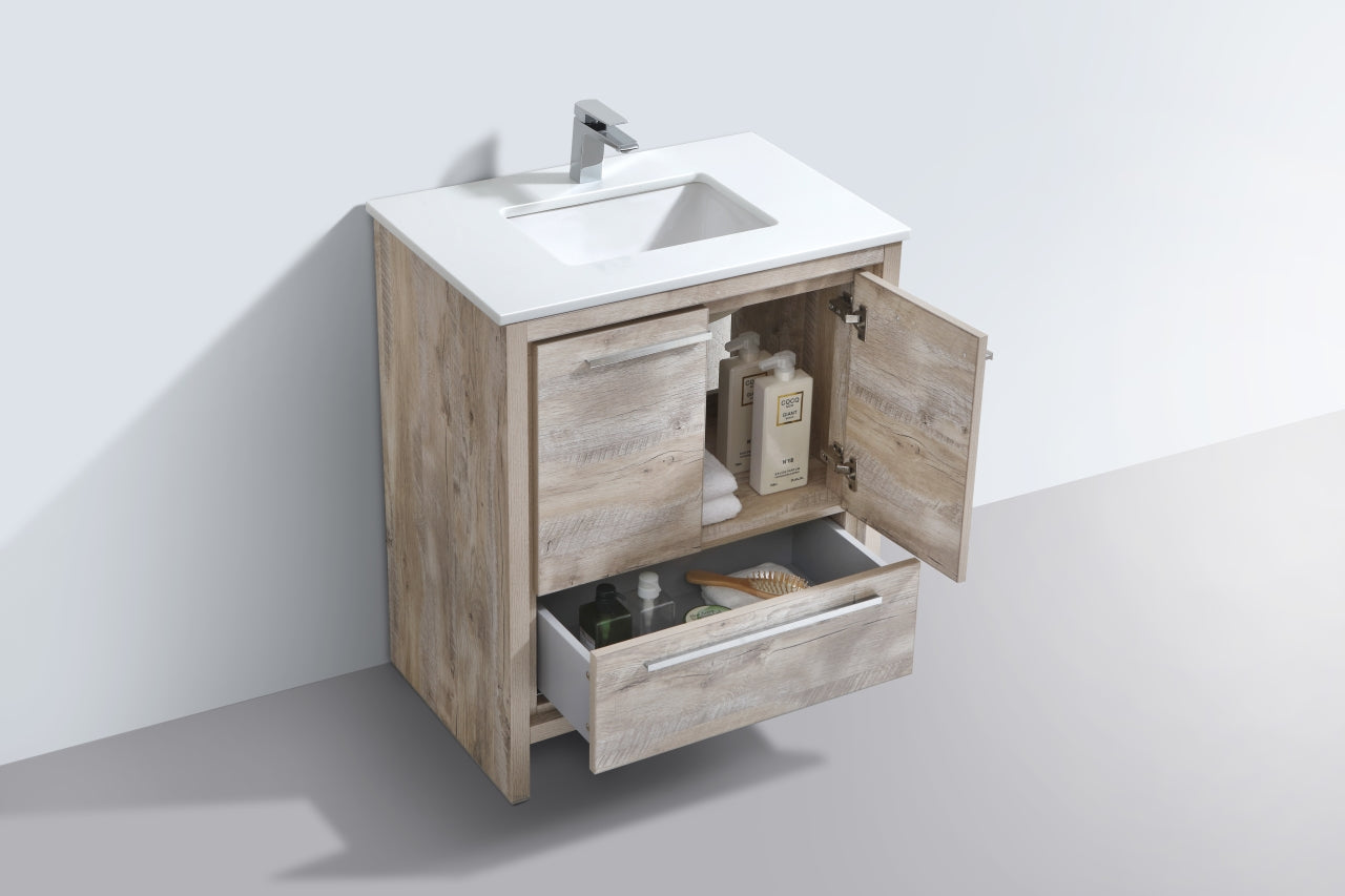 30'' KubeBath Dolce Nature Wood Modern Bathroom Vanity with White Quartz Counter-Top