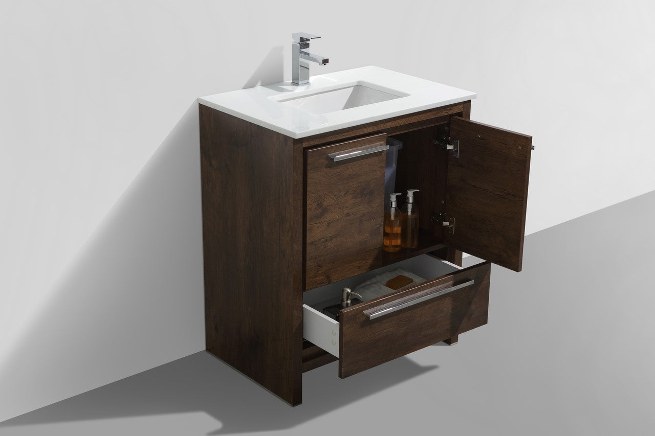 30'' KubeBath Dolce Rose Wood Modern Bathroom Vanity with White Quartz Counter-Top
