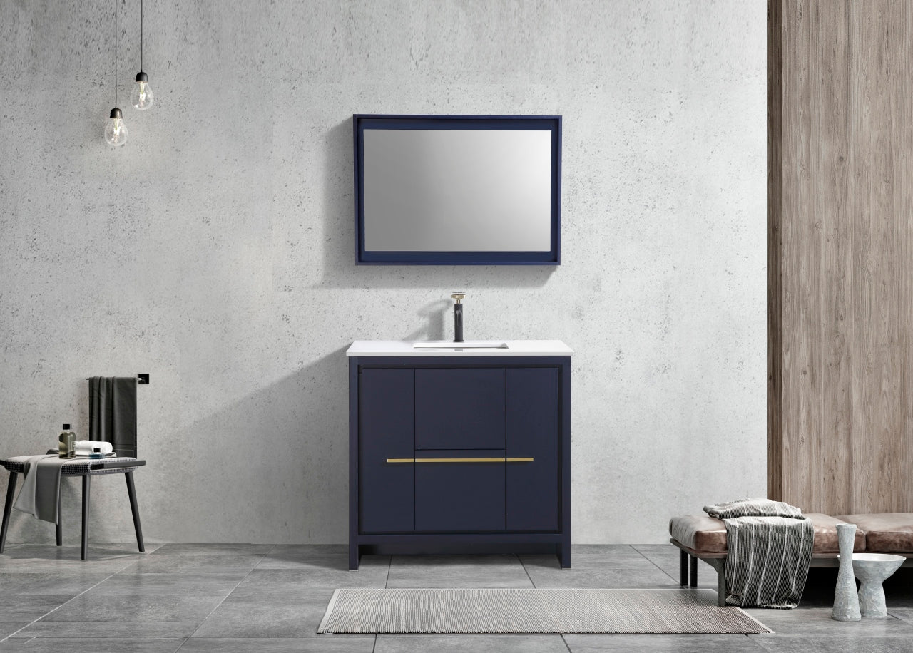 36'' KubeBath Dolce Navy Blue Modern Bathroom Vanity with White Quartz Counter-Top