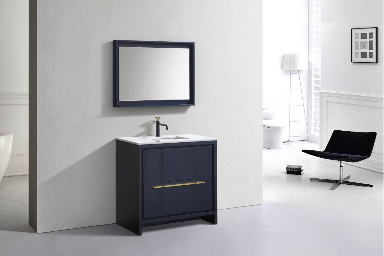 36'' KubeBath Dolce Navy Blue Modern Bathroom Vanity with White Quartz Counter-Top