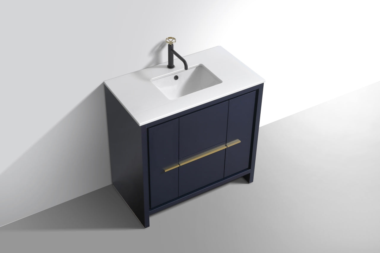 36'' KubeBath Dolce Navy Blue Modern Bathroom Vanity with White Quartz Counter-Top