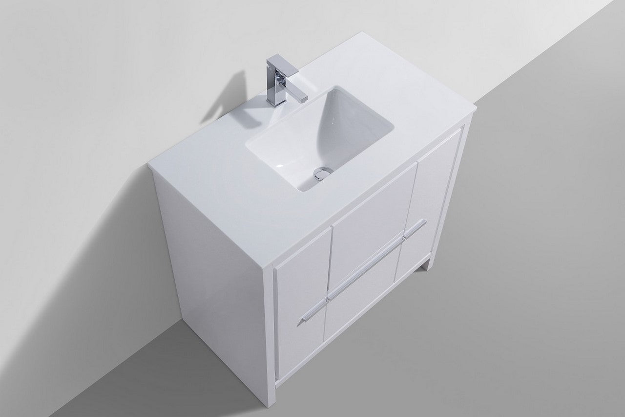 36'' KubeBath Dolce High Gloss White Modern Bathroom Vanity with White Quartz Counter-Top