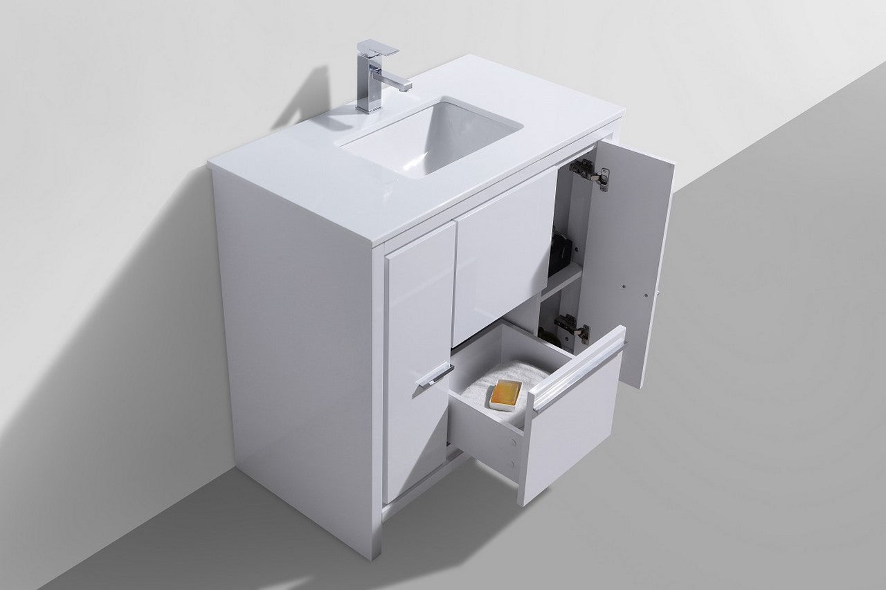 36'' KubeBath Dolce High Gloss White Modern Bathroom Vanity with White Quartz Counter-Top