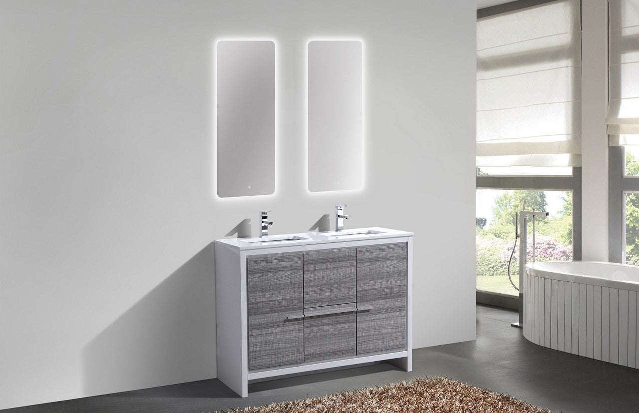 48'' KubeBath Dolce Double Sink Ash Gray Modern Bathroom Vanity with White Quartz Counter-Top