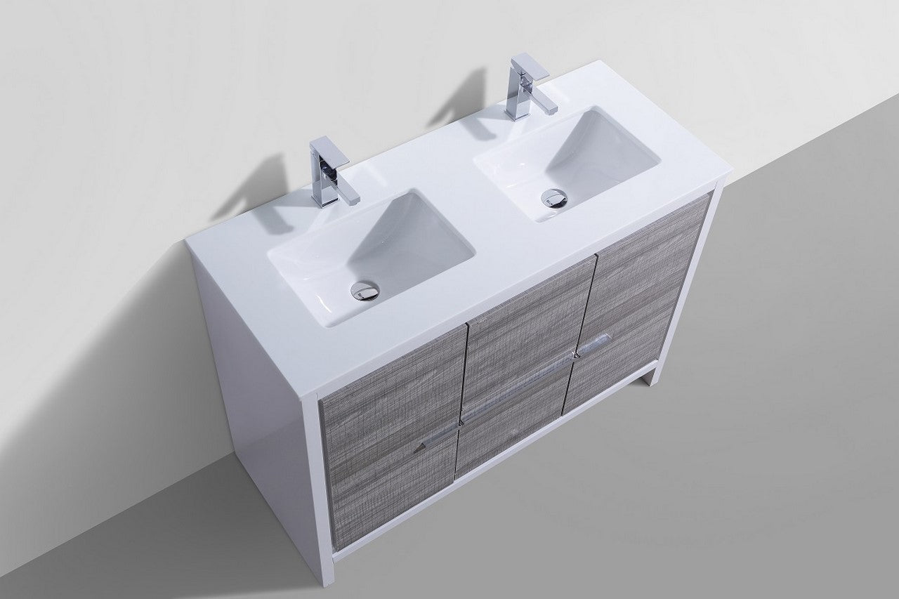 48'' KubeBath Dolce Double Sink Ash Gray Modern Bathroom Vanity with White Quartz Counter-Top