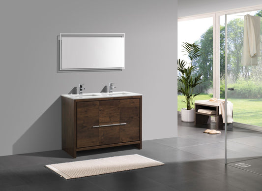 48'' KubeBath Dolce Double Sink Rose Wood Modern Bathroom Vanity with White Quartz Counter-Top