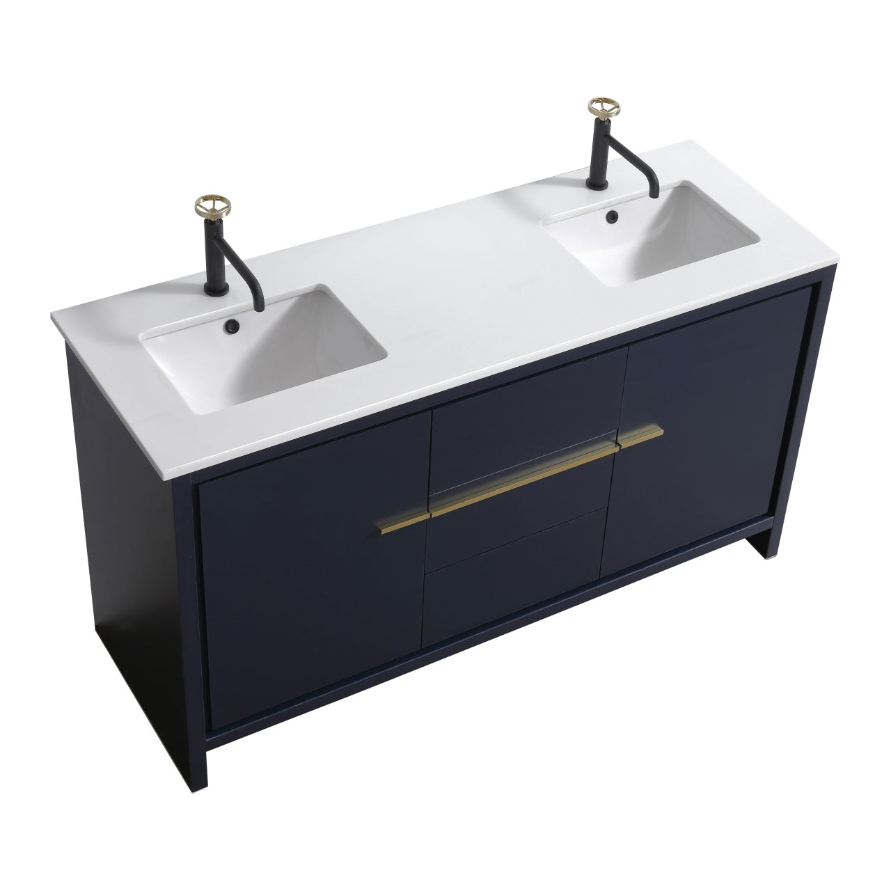 60'' KubeBath Dolce Double Sink Navy Blue Modern Bathroom Vanity with White Quartz Counter-Top