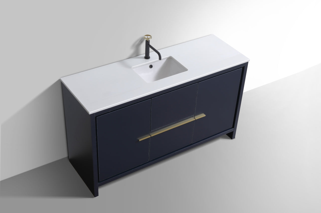 60'' KubeBath Dolce Single Sink Blue Modern Bathroom Vanity with White Quartz Counter-Top