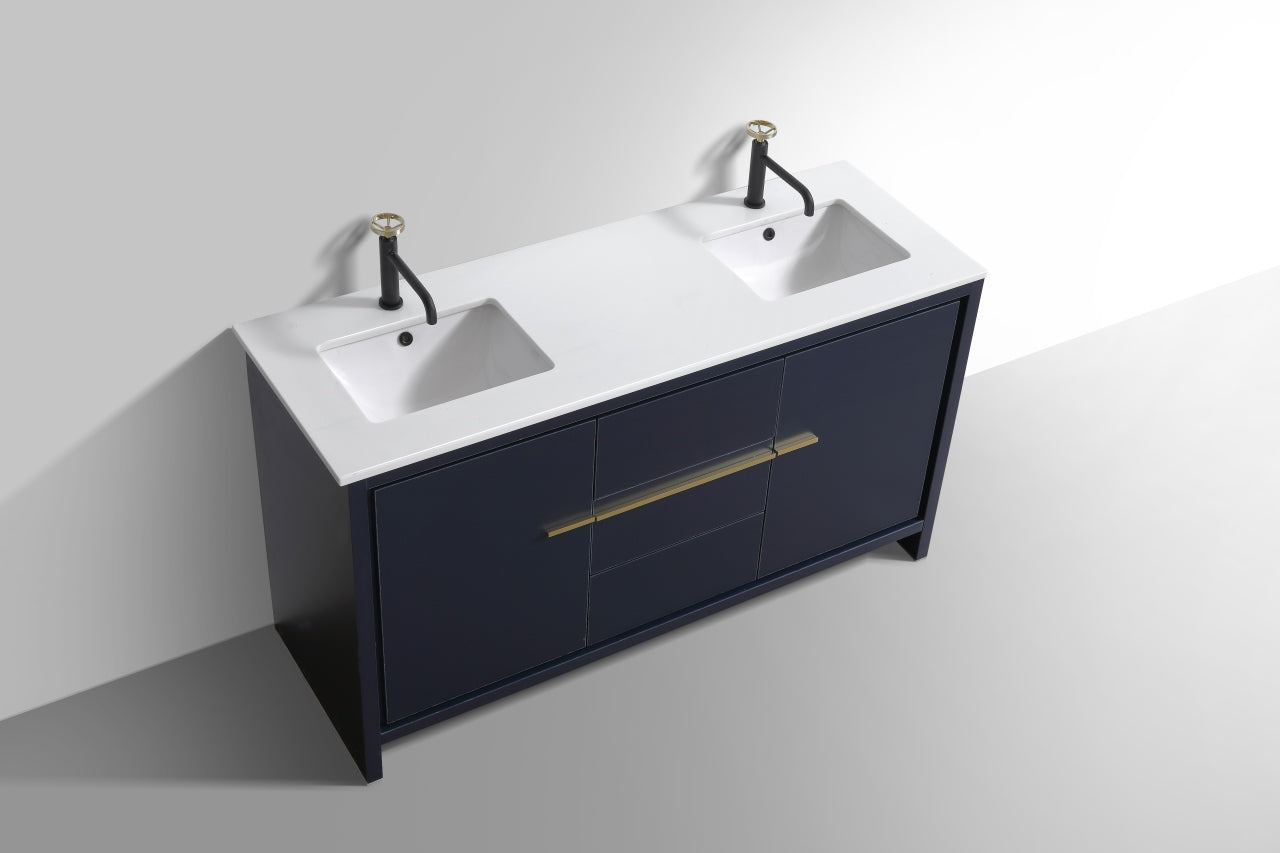 60'' KubeBath Dolce Double Sink Navy Blue Modern Bathroom Vanity with White Quartz Counter-Top