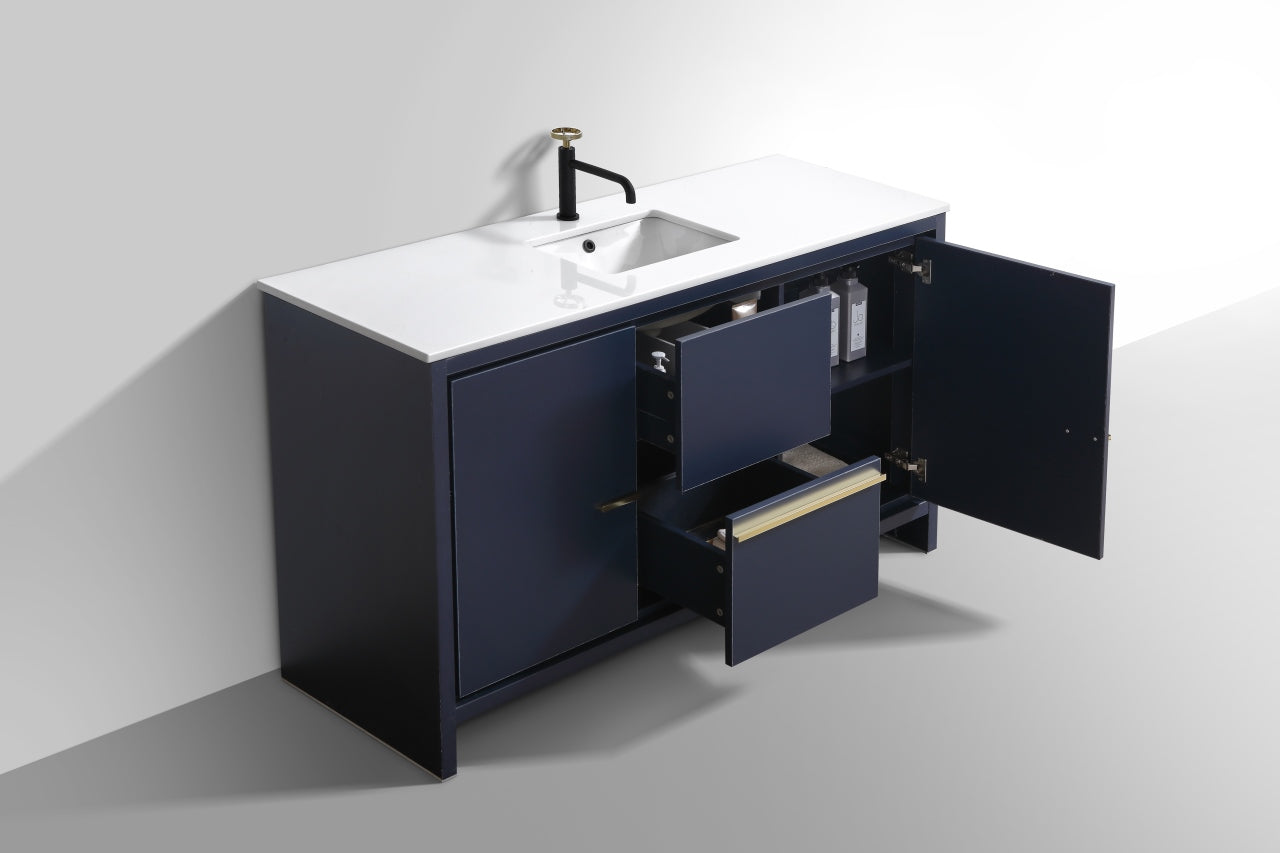 60'' KubeBath Dolce Single Sink Blue Modern Bathroom Vanity with White Quartz Counter-Top