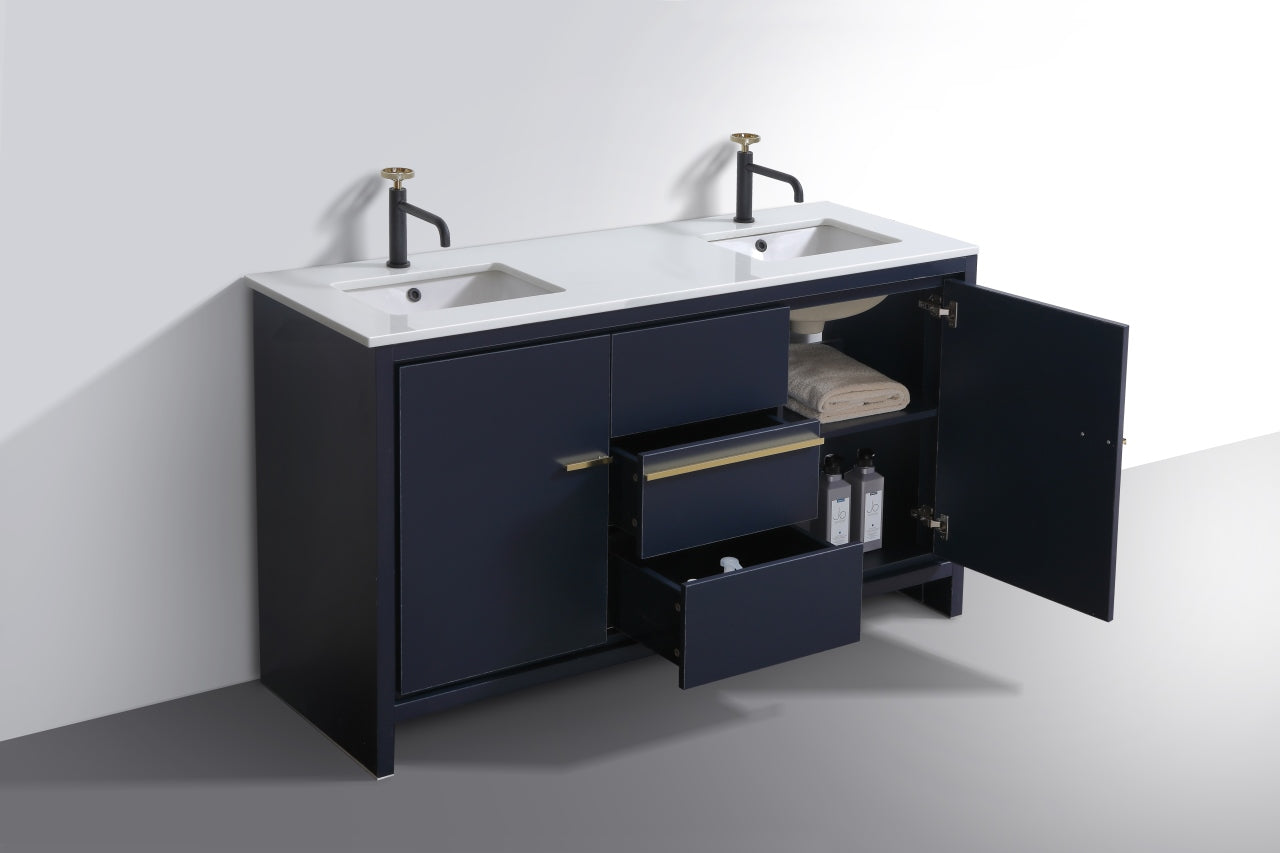 60'' KubeBath Dolce Double Sink Navy Blue Modern Bathroom Vanity with White Quartz Counter-Top