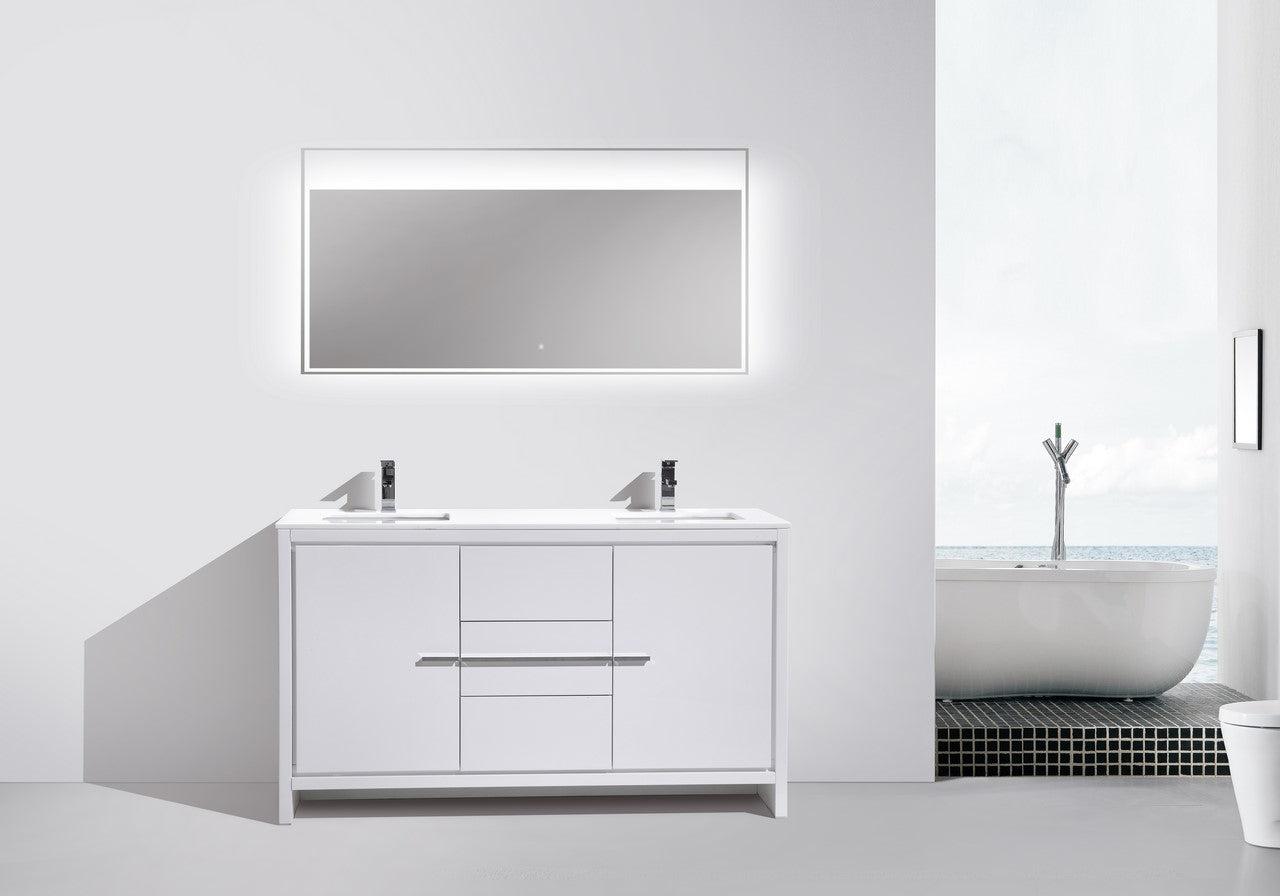 60'' KubeBath Dolce Double Sink High Gloss White Modern Bathroom Vanity with White Quartz Counter-Top