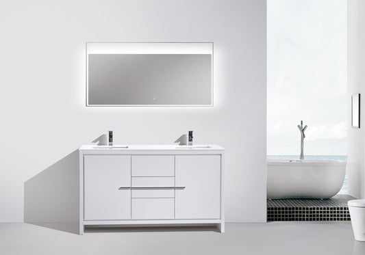 60'' KubeBath Dolce Double Sink High Gloss White Modern Bathroom Vanity with White Quartz Counter-Top