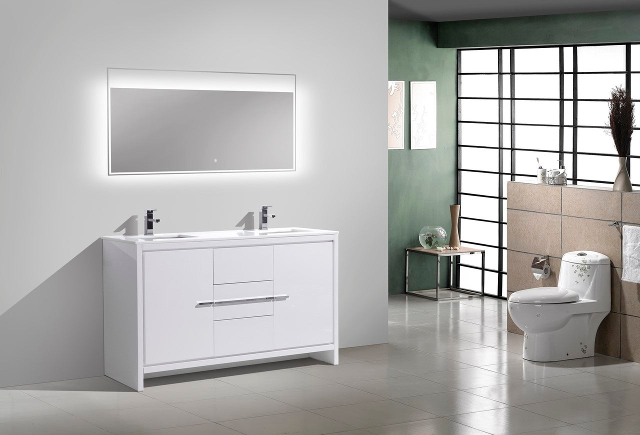 60'' KubeBath Dolce Double Sink High Gloss White Modern Bathroom Vanity with White Quartz Counter-Top