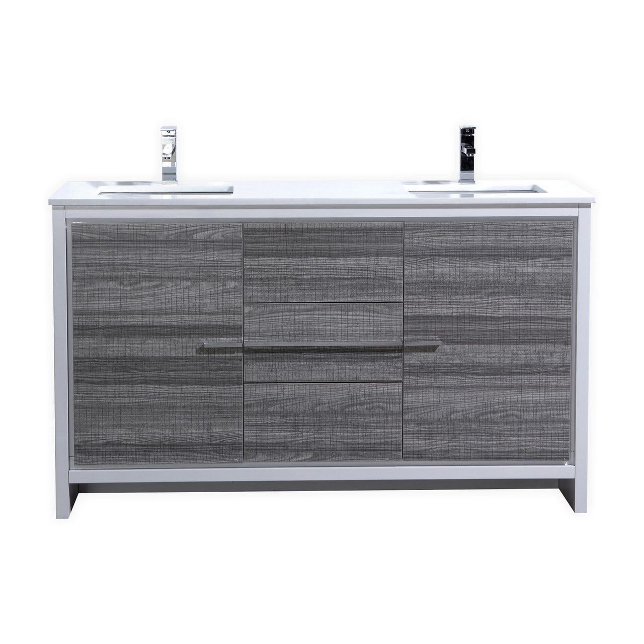 60'' KubeBath Dolce Double Sink Ash Grey Modern Bathroom Vanity with White Quartz Counter-Top