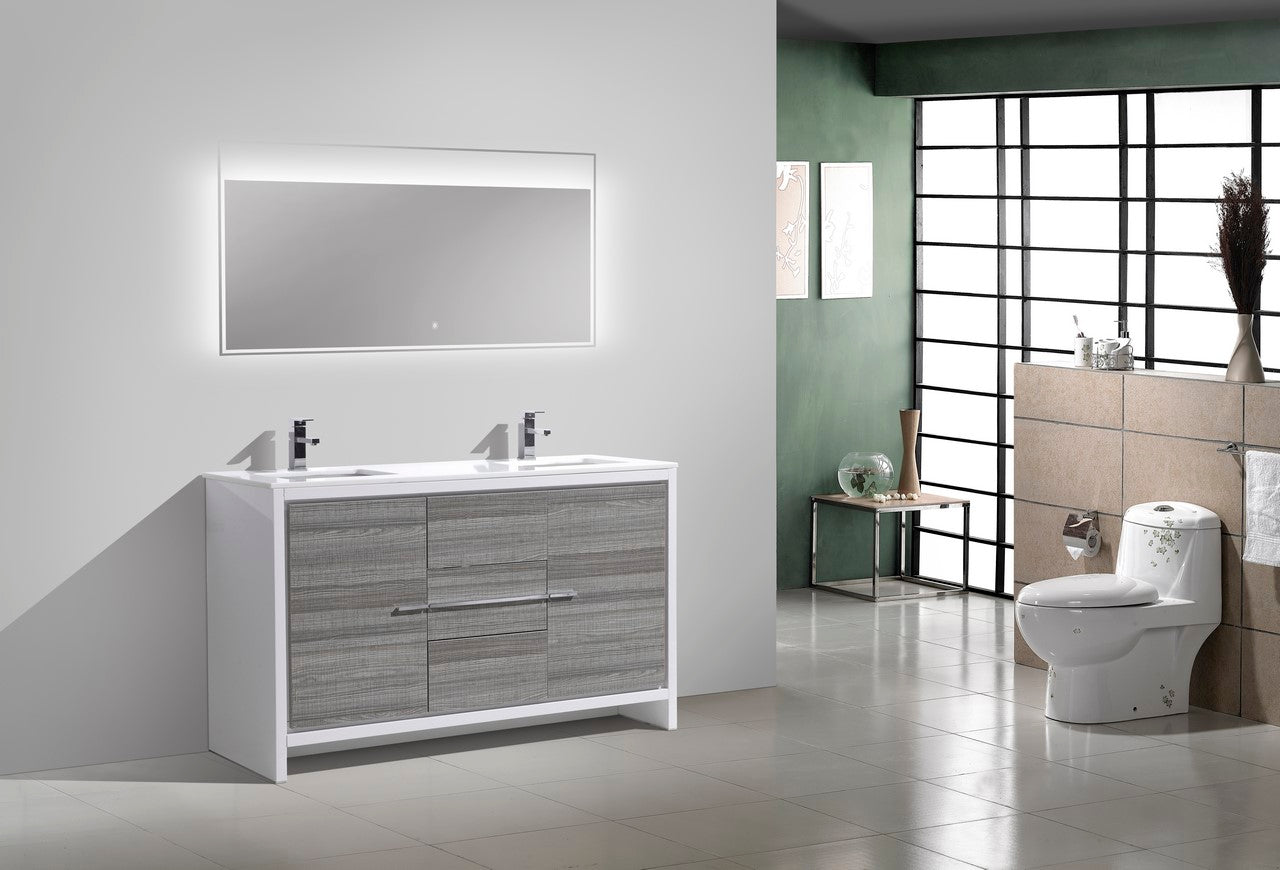60'' KubeBath Dolce Double Sink Ash Grey Modern Bathroom Vanity with White Quartz Counter-Top