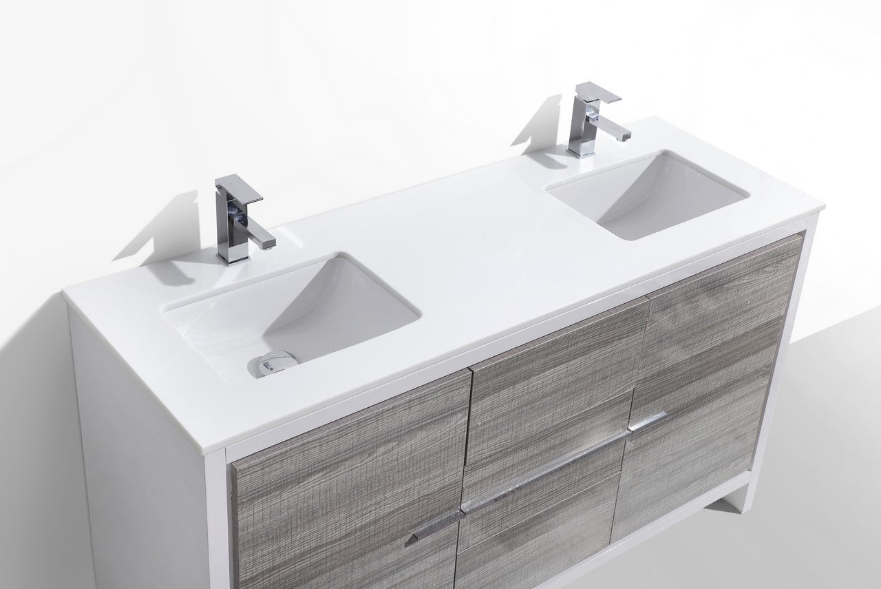 60'' KubeBath Dolce Double Sink Ash Grey Modern Bathroom Vanity with White Quartz Counter-Top