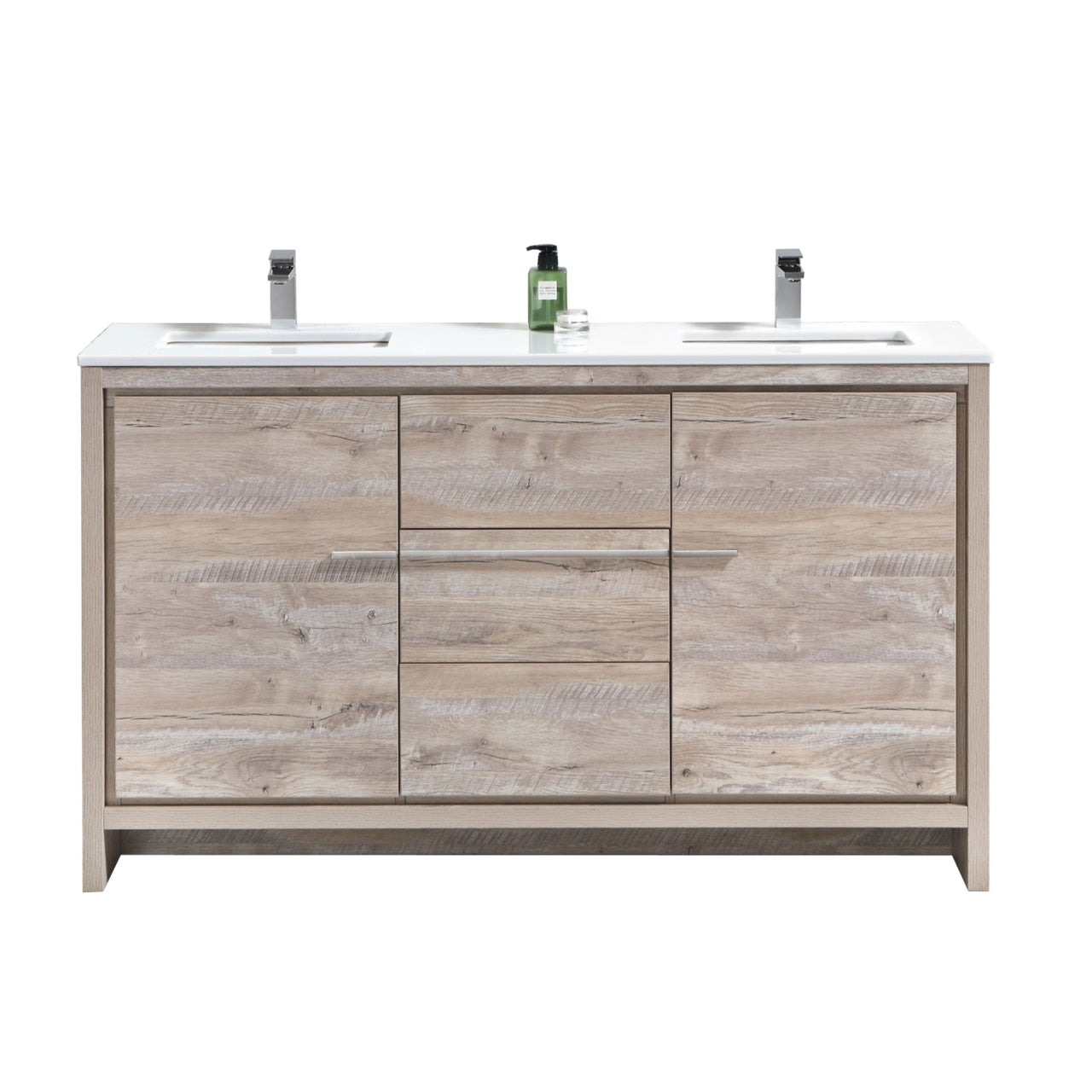 60'' KubeBath Dolce Double Sink Nature Wood Modern Bathroom Vanity with White Quartz Counter-Top