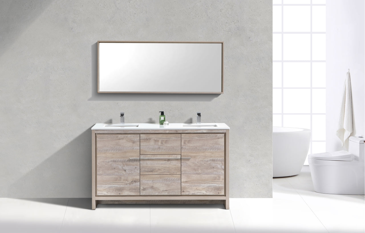 60'' KubeBath Dolce Double Sink Nature Wood Modern Bathroom Vanity with White Quartz Counter-Top