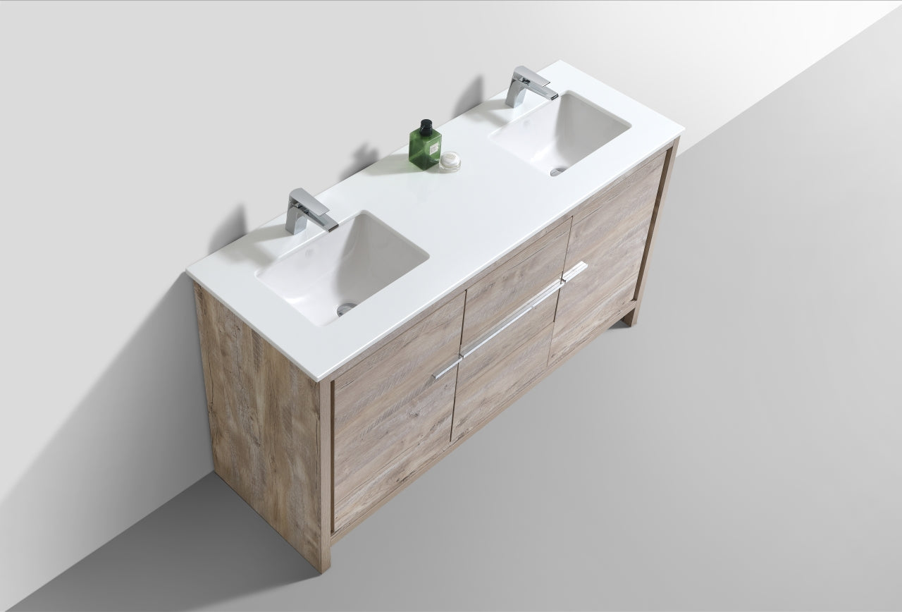 60'' KubeBath Dolce Double Sink Nature Wood Modern Bathroom Vanity with White Quartz Counter-Top