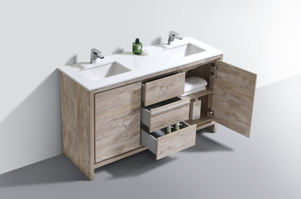 60'' KubeBath Dolce Double Sink Nature Wood Modern Bathroom Vanity with White Quartz Counter-Top
