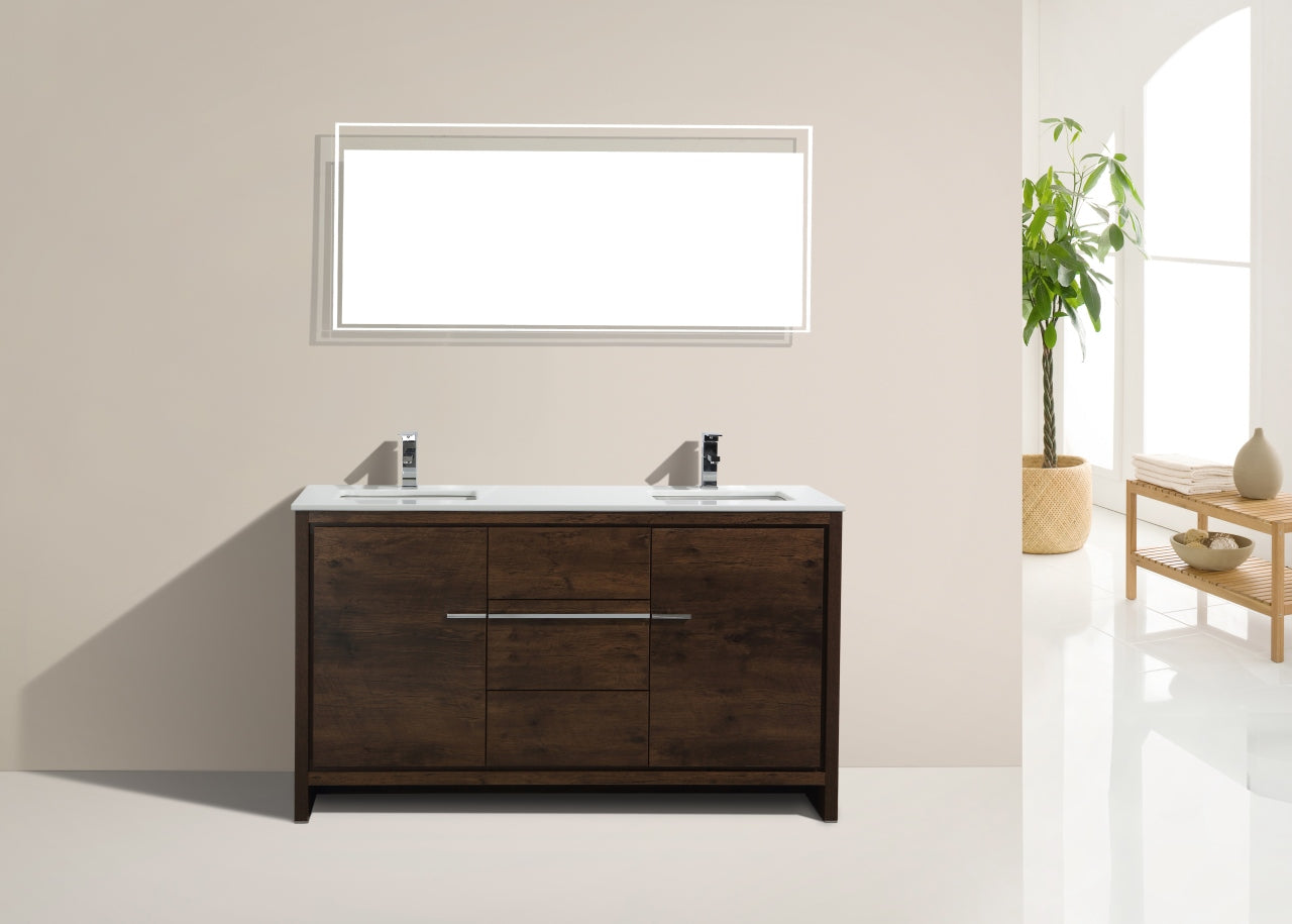 60'' KubeBath Dolce Double Sink Rose Wood Modern Bathroom Vanity with White Quartz Counter-Top