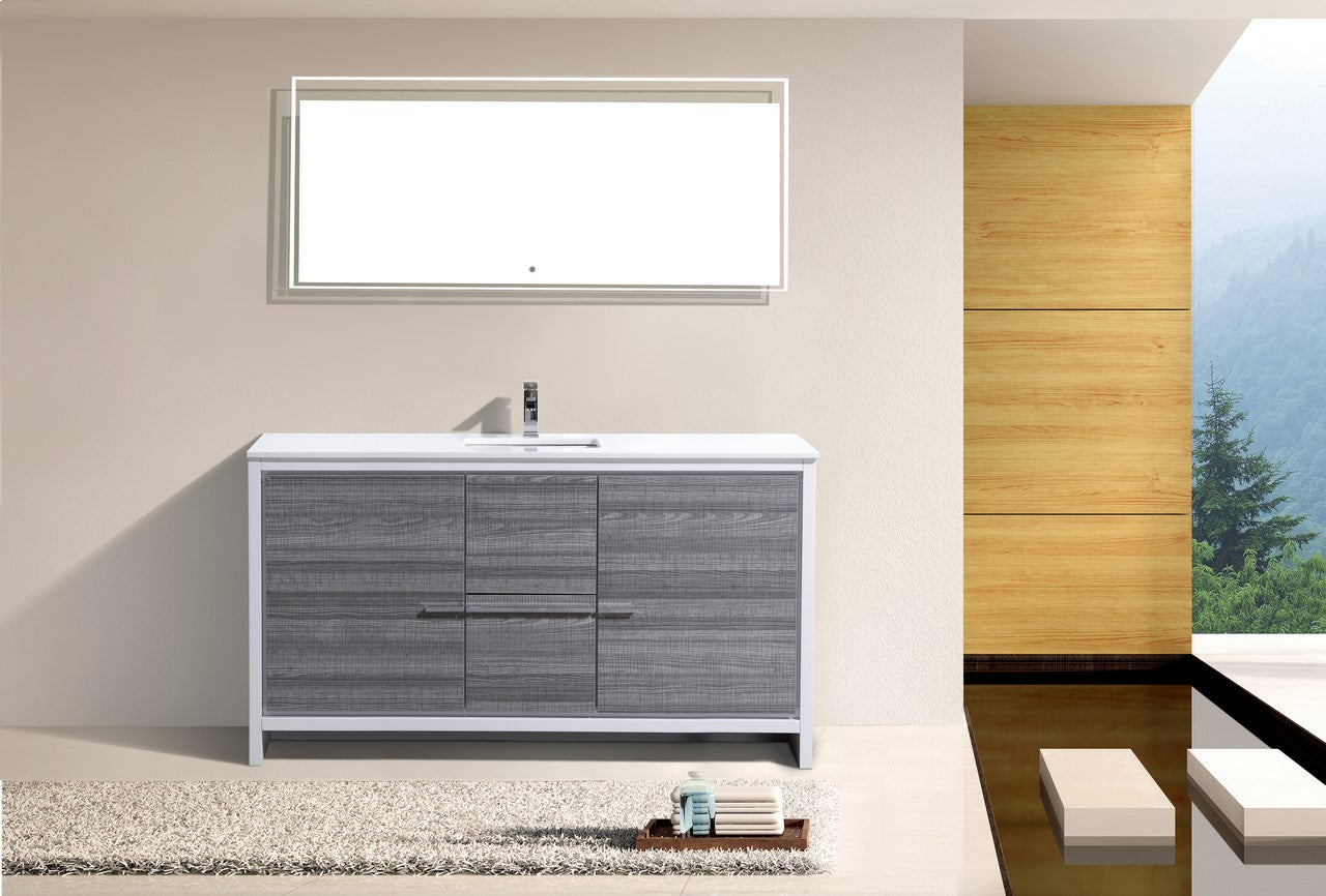 60'' KubeBath Dolce Single Sink Ash Gray Modern Bathroom Vanity with White Quartz Counter-Top