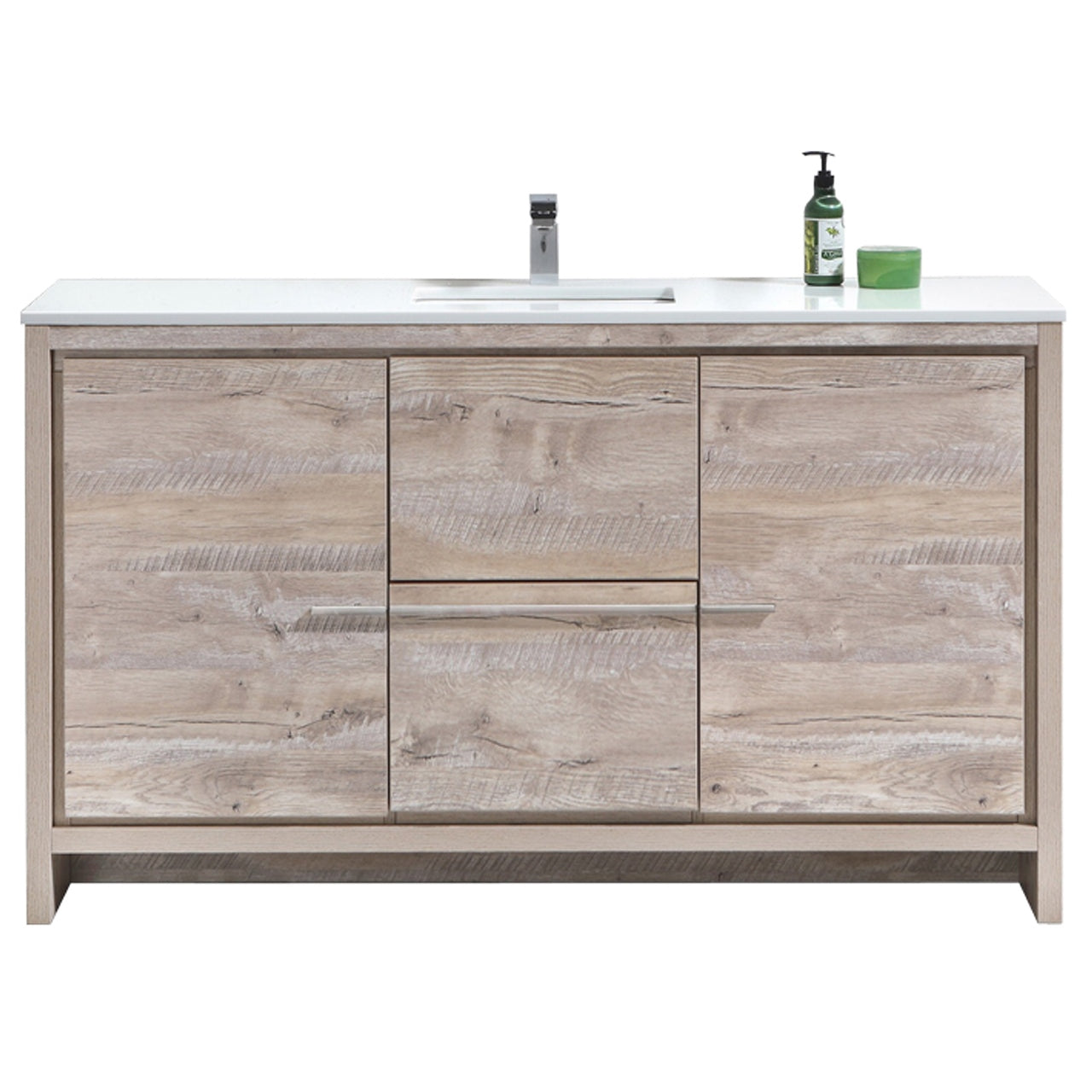 60'' KubeBath Dolce Single Sink Nature Wood Modern Bathroom Vanity with White Quartz Counter-Top