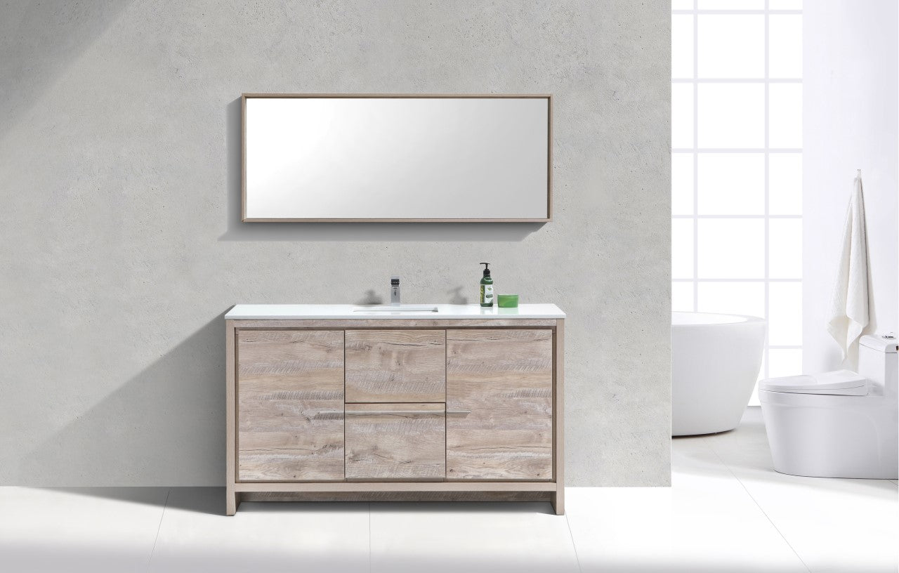 60'' KubeBath Dolce Single Sink Nature Wood Modern Bathroom Vanity with White Quartz Counter-Top