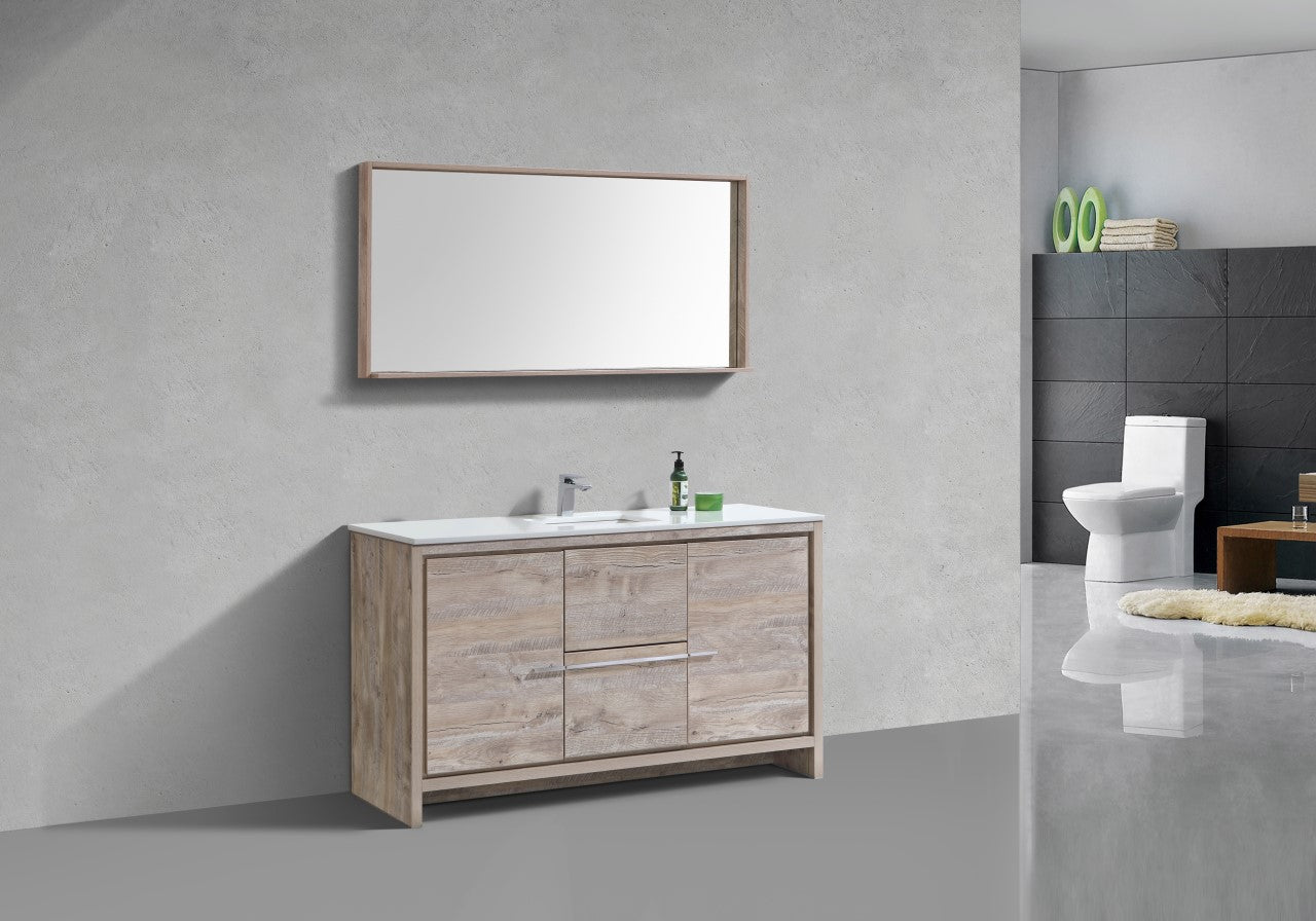 60'' KubeBath Dolce Single Sink Nature Wood Modern Bathroom Vanity with White Quartz Counter-Top