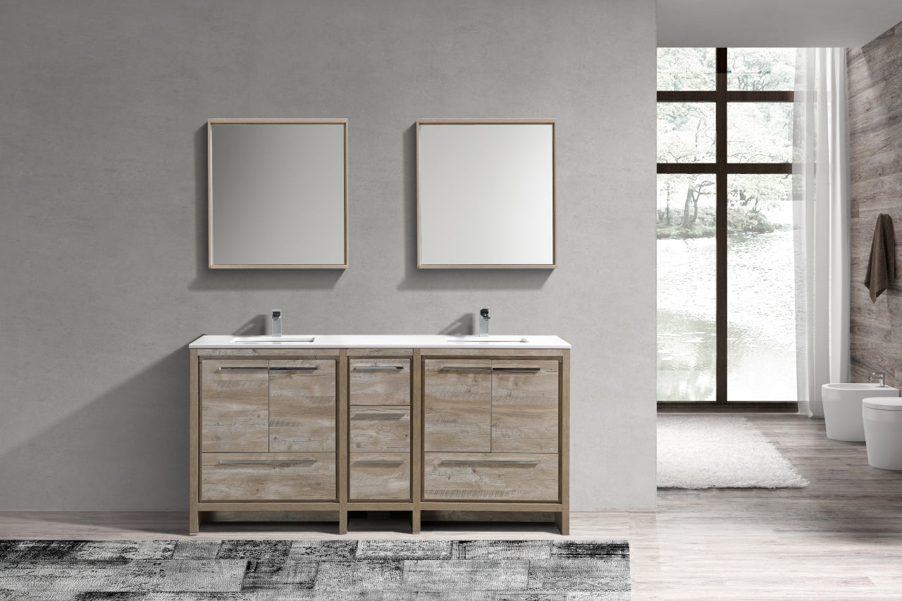 72'' KubeBath Dolce Double Sink Nature Wood Modern Bathroom Vanity with White Quartz Counter-Top