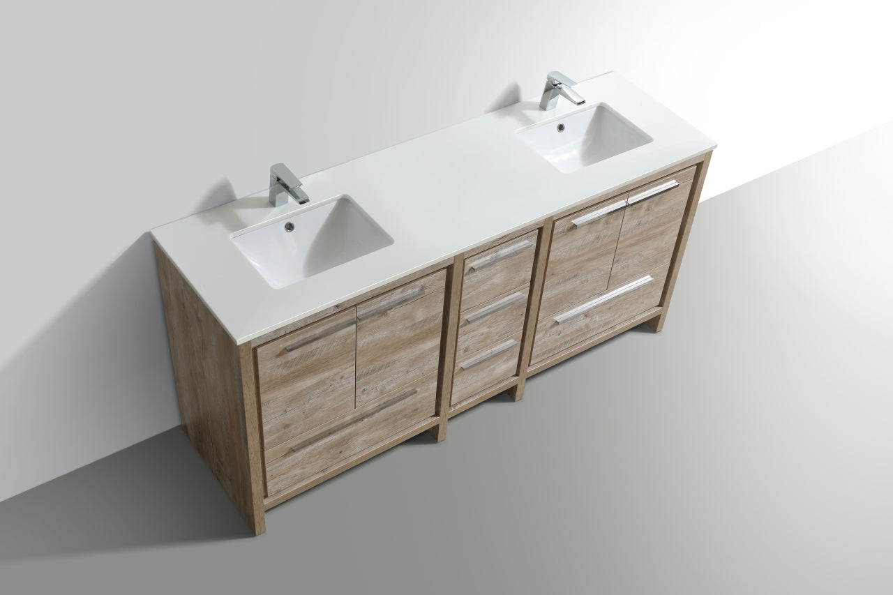 72'' KubeBath Dolce Double Sink Nature Wood Modern Bathroom Vanity with White Quartz Counter-Top