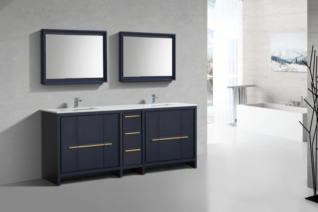 83'' KubeBath Dolce Double Sink Navy Blue Modern Bathroom Vanity with White Quartz Counter-Top