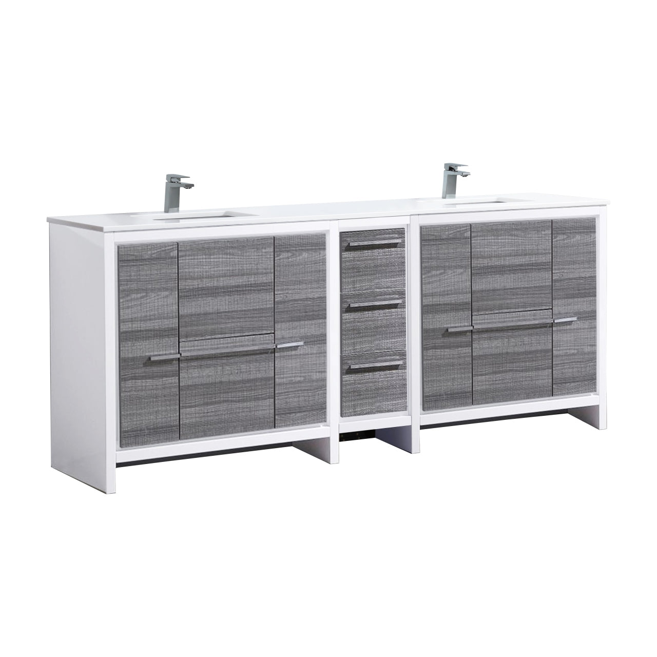 83'' KubeBath Dolce Double Sink High Gloss Ash Grey Modern Bathroom Vanity with White Quartz Counter-Top