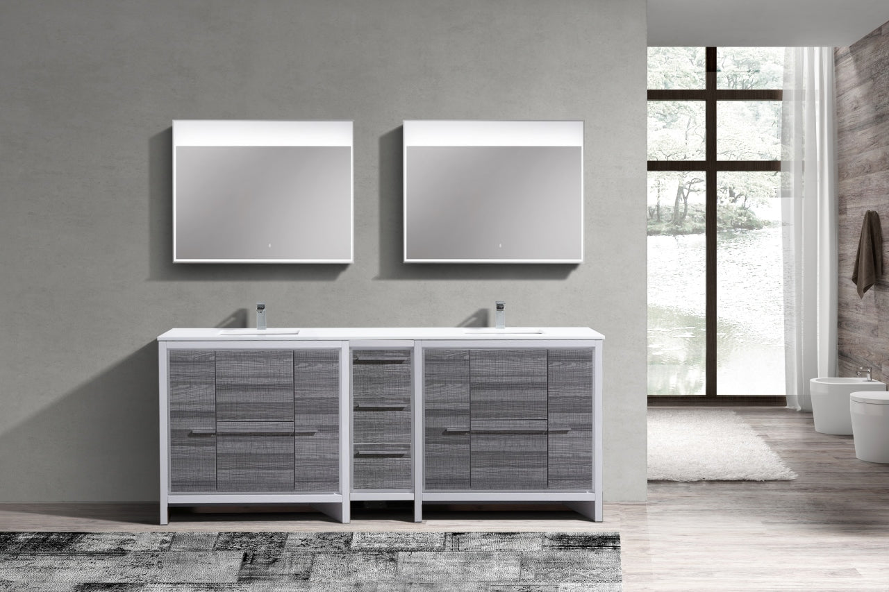83'' KubeBath Dolce Double Sink High Gloss Ash Grey Modern Bathroom Vanity with White Quartz Counter-Top
