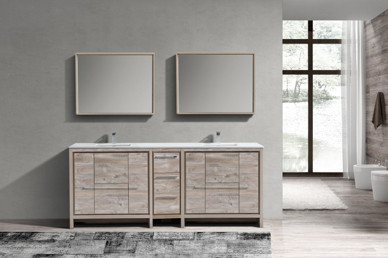 83'' KubeBath Dolce Double Sink Nature Wood Modern Bathroom Vanity with White Quartz Counter-Top